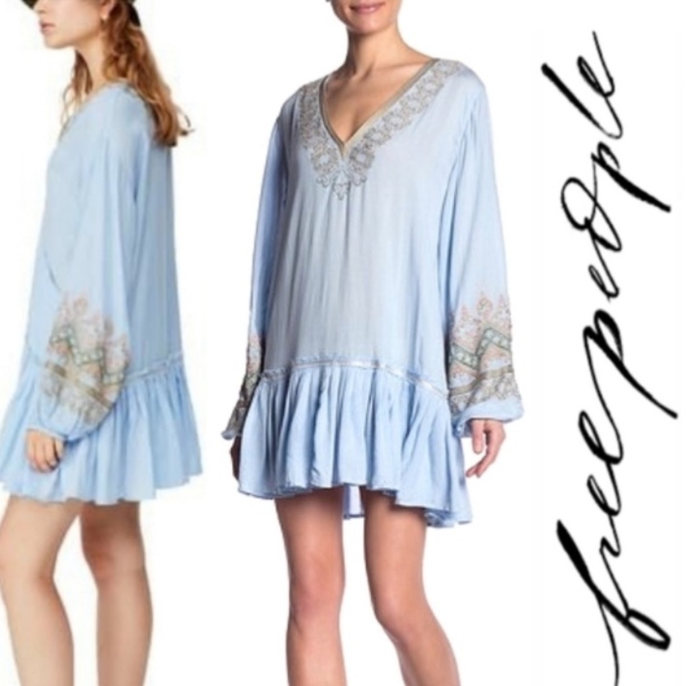 FREE PEOPLE Small WILD ONE EMBROIDERED PEASANT SHORT DRESS BLUE SKIES New
